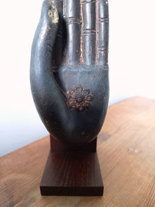 Antique Bronze Buddha Hand Statue Mounted Upon Wooden Base