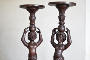 19th Century Pair of Italian Carved Walnut Torchères