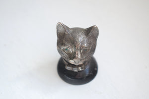 Antique Silver Cats Head with Glass Eyes