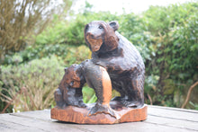 Load image into Gallery viewer, Large Carved Wooden Bear with Cub and Salmon Ainu Japan