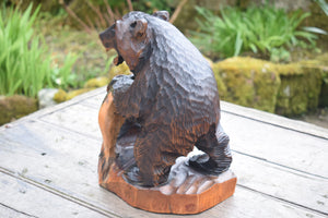 Large Carved Wooden Bear with Cub and Salmon Ainu Japan