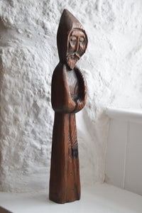 Large Hand Carved Wooden Medieval Monk Figurine, Ecclesiastical Antique