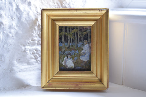 19th Century Oil on Panel Two Girls Picking Bluebells in a Woodland Clearing