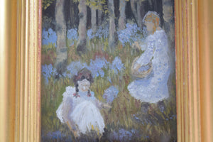 19th Century Oil on Panel Two Girls Picking Bluebells in a Woodland Clearing