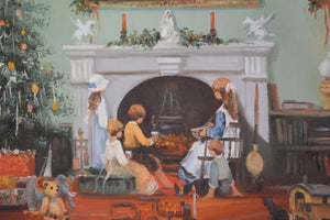 Christmas Fireside Scene with Children, Les Parson Oil on Canvas