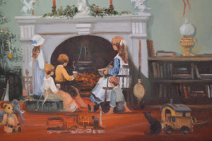 Christmas Fireside Scene with Children, Les Parson Oil on Canvas