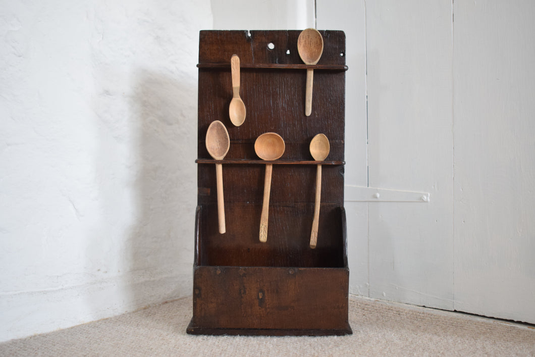 Antique Oak Spoon Rack with Spoons