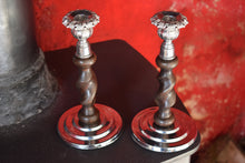 Load image into Gallery viewer, Vintage Oak Barley Twist Candlesticks With Stepped Chrome Bases c1920s