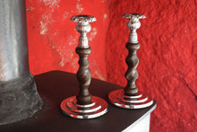 Load image into Gallery viewer, Vintage Oak Barley Twist Candlesticks With Stepped Chrome Bases c1920s