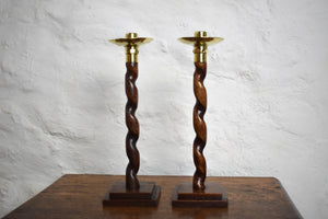 Antique English Oak Barley Twist Candlesticks with Hammered Brass Cups