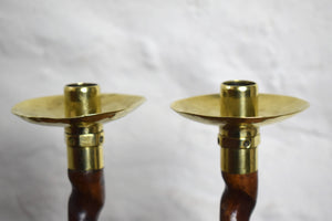 Antique English Oak Barley Twist Candlesticks with Hammered Brass Cups