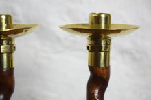 Load image into Gallery viewer, Antique English Oak Barley Twist Candlesticks with Hammered Brass Cups