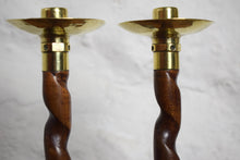 Load image into Gallery viewer, Antique English Oak Barley Twist Candlesticks with Hammered Brass Cups
