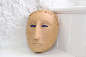 Unusual Handmade Stoneware Mask with Blue Eyes