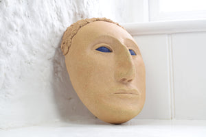 Unusual Handmade Stoneware Mask with Blue Eyes