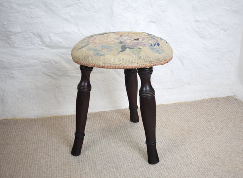 Antique Mahogany Stool with Tapestry Upholstered Seat