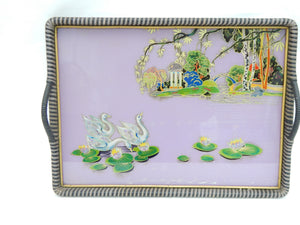 purple tea tray with swans