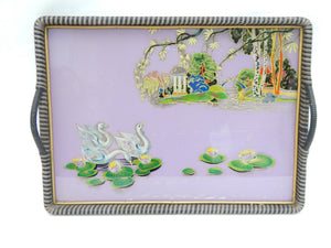 purple tea tray with swans