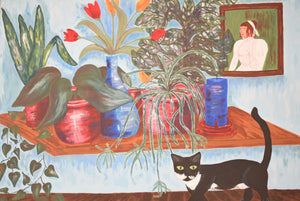 Naive Acrylic Painting Interior Scene with Black Cat
