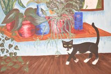 Load image into Gallery viewer, Naive Acrylic Painting Interior Scene with Black Cat