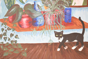 Naive Acrylic Painting Interior Scene with Black Cat