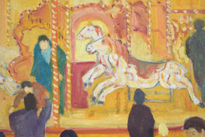 painting of a fairground with horses