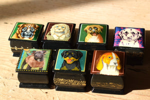 Seven Miniature Russian Lacquer Trinket Boxes Decorated with Dogs