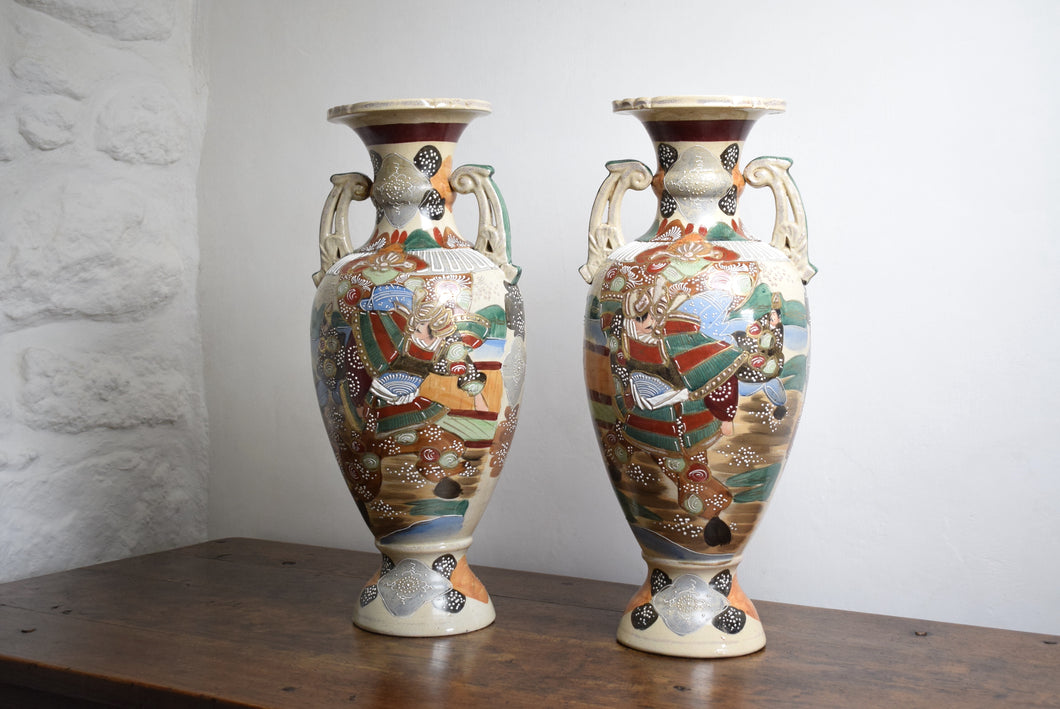 Large Japanese Earthenware Vases Decorated with Samurai