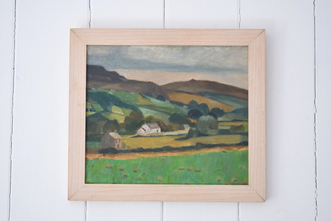 painting of hills and cottages