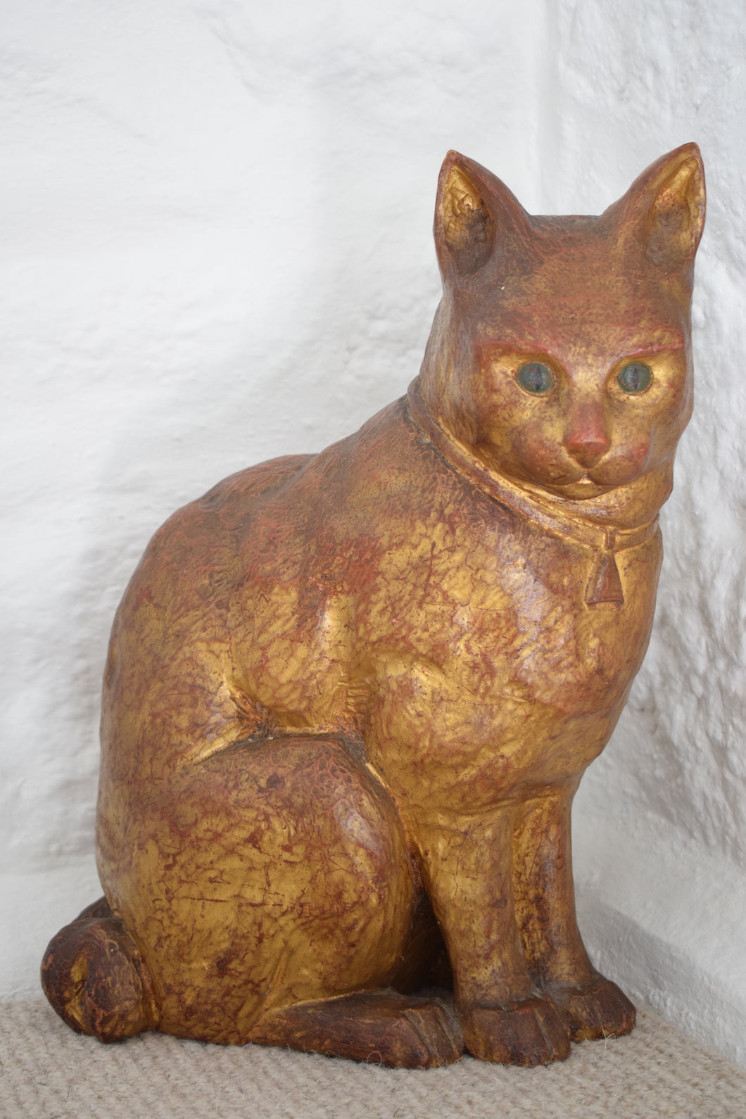 Antique Hand Painted Large Carved Wooden Cat