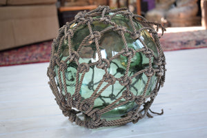 Large Antique Glass Fishing Float Buoy With Netting