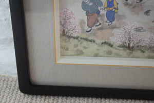 Framed Chinese Watercolour on Pith Paper Village Scene Signed