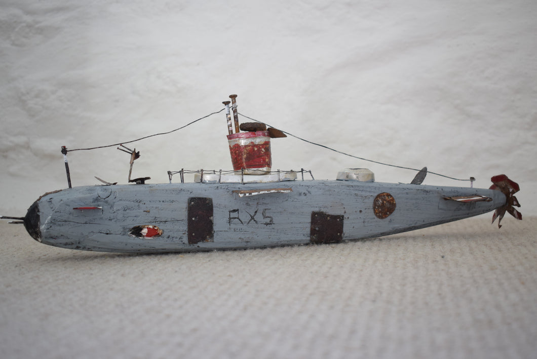 Vintage Scratch Built Handmade Naive Wooden Submarine Model
