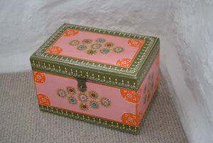 Vintage Pink Hand Painted Indian Storage Box