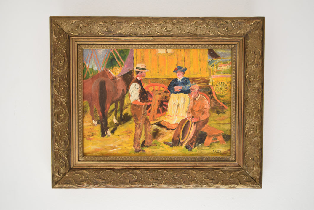 Naive Oil on Canvas Rural Scene with Gypsy Wagon