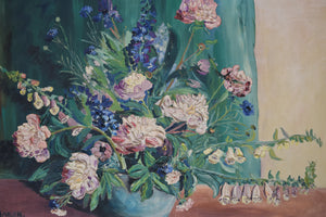 Large Oil On Canvas Still Life Flowers Including Foxgloves