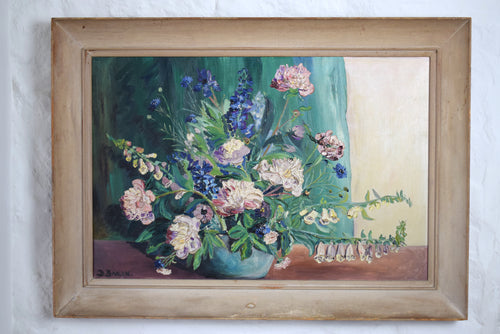 Large Oil On Canvas Still Life Flowers Including Foxgloves