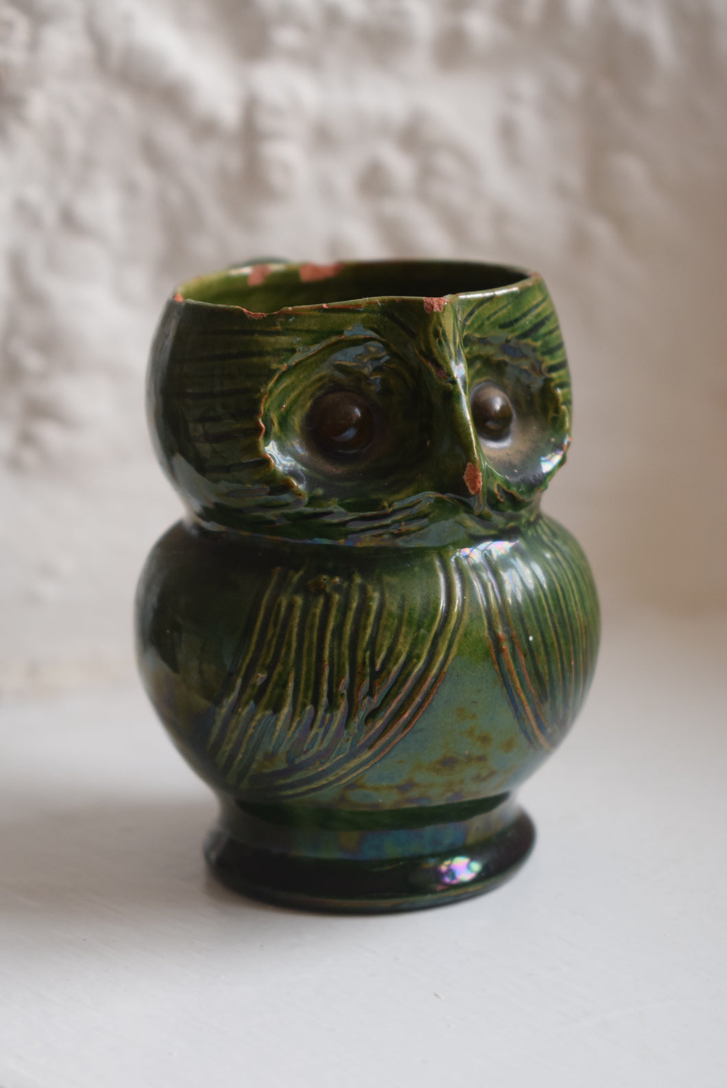Small Farnham Pottery Green Glaze Owl Jug