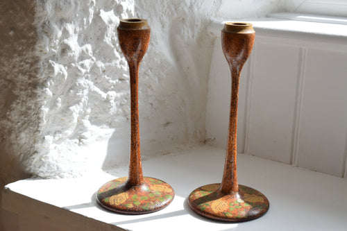 Early 20th Century Pokerwork and Painted Candlesticks