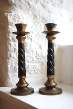 Load image into Gallery viewer, Large Early 20th Century Oak and Brass Barley Twist Candlestick Holders