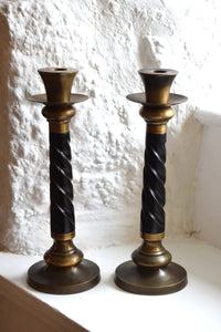 Large Early 20th Century Oak and Brass Barley Twist Candlestick Holders
