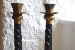 Large Early 20th Century Oak and Brass Barley Twist Candlestick Holders