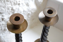 Load image into Gallery viewer, Large Early 20th Century Oak and Brass Barley Twist Candlestick Holders