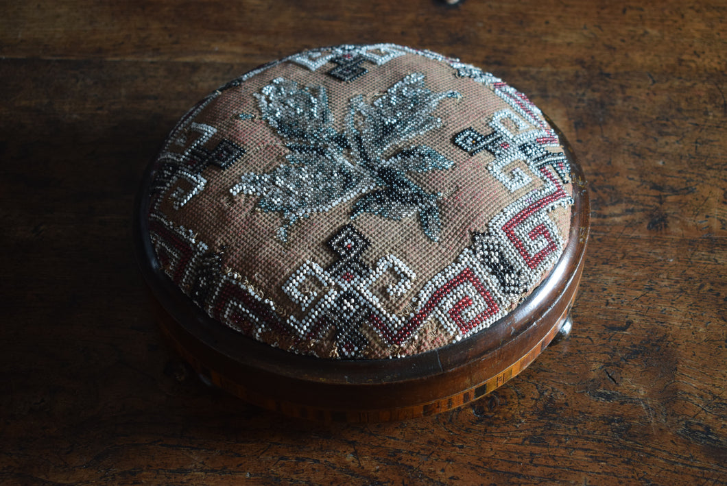 Beadwork Foot Stool with Marquetry Inlay
