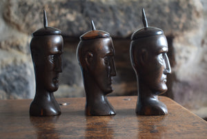 antique hand carved hardwood lidded heads