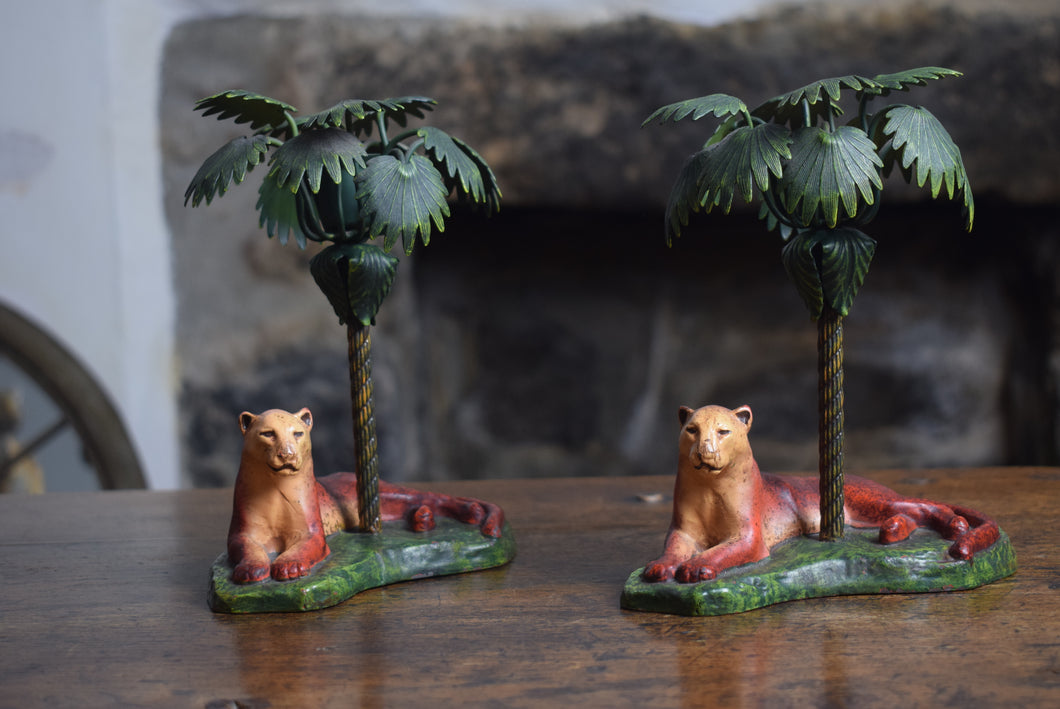 Cast Iron Lioness and Palm Tree Candlesticks