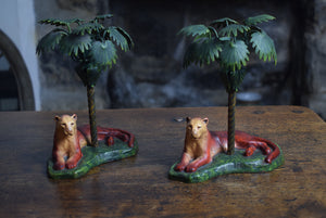Cast Iron Lioness and Palm Tree Candlesticks