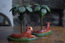 Load image into Gallery viewer, Cast Iron Lioness and Palm Tree Candlesticks