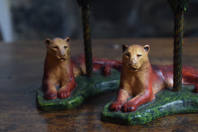 Load image into Gallery viewer, Cast Iron Lioness and Palm Tree Candlesticks