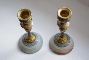 French Champleve Enamel and Brass Candlesticks